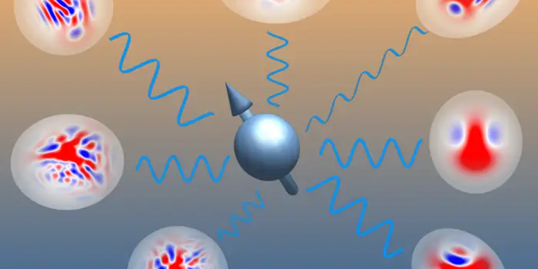 Visualisatie van bosonen beschreven door niet-Gaussische toestanden - een afbeelding met bollen, pijlen en golven. Dit verbeeldt een nieuwe rekenmethode om nauwkeurig te beschrijven wat er in kwantumapparaten gebeurt. Credit: Jiří Minář (CWI).